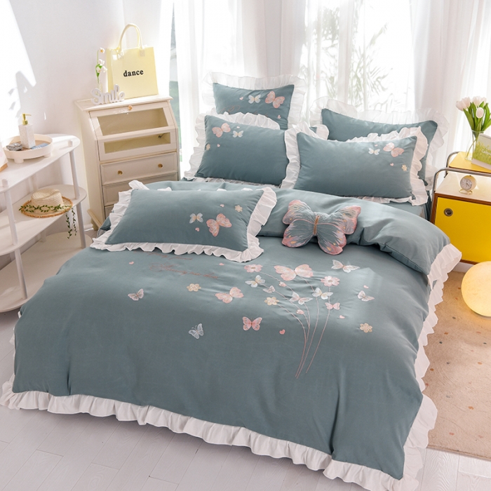 91家纺网 家纺一手货源 找家纺 丝印良品 2023新款云锦棉春卉四件套系列 春卉-黛蓝