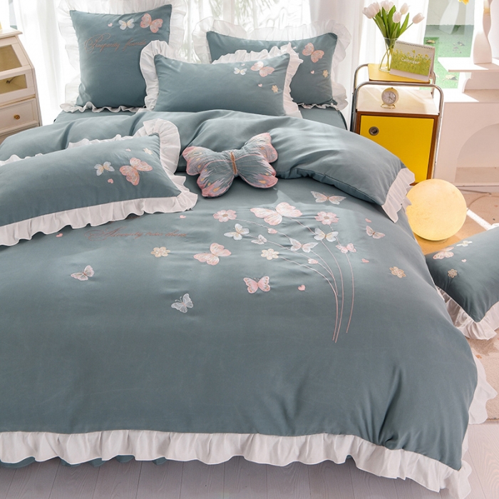 91家纺网 家纺一手货源 找家纺 丝印良品 2023新款云锦棉春卉四件套系列 春卉-黛蓝