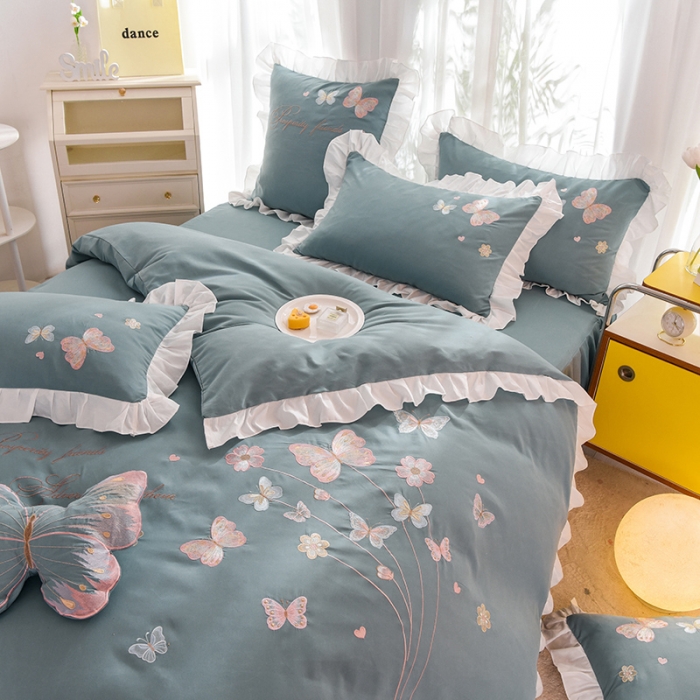 91家纺网 家纺一手货源 找家纺 丝印良品 2023新款云锦棉春卉四件套系列 春卉-黛蓝