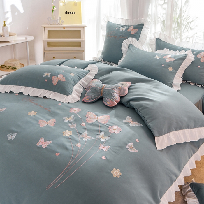 91家纺网 家纺一手货源 找家纺 丝印良品 2023新款云锦棉春卉四件套系列 春卉-黛蓝