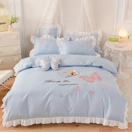 丝印良品 2023新款云锦棉刺绣花边羽蝶系列四件套 羽蝶-慕蓝