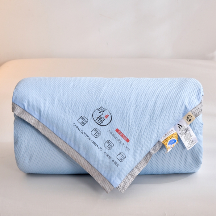 91家纺网 家纺一手货源 找家纺 啊雅家居 2025新款华夫格泡泡纱大豆被 泡泡纱-酷天蓝