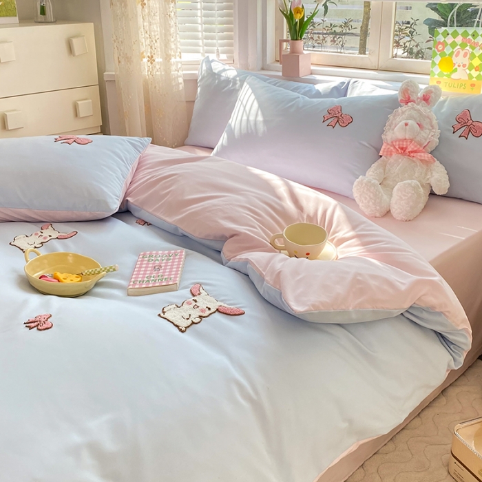 91家纺网 家纺一手货源 找家纺 丝印良品 2023新款专版水洗棉麻毛巾绣四件套 兔宝贝-兰