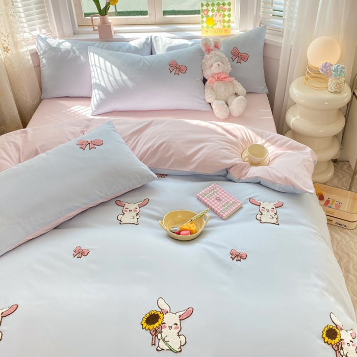 91家纺网 家纺一手货源 找家纺 丝印良品 2023新款专版水洗棉麻毛巾绣四件套 兔宝贝-兰