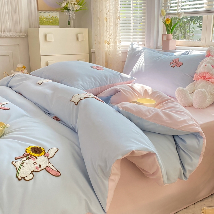 91家纺网 家纺一手货源 找家纺 丝印良品 2023新款专版水洗棉麻毛巾绣四件套 兔宝贝-兰