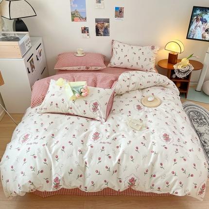 桃子 2023新款法式复古碎花优雅纯棉系列四件套-场景一 棉-红格玫瑰