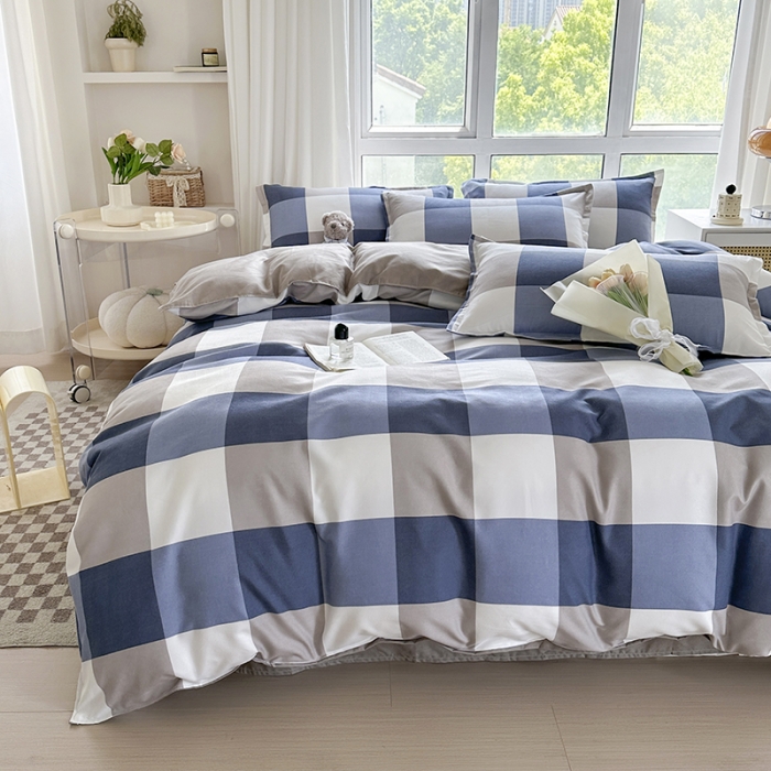 91家纺网 家纺一手货源 找家纺 赫然 130g生态长绒棉贡棉植物羊绒加厚斜纹磨毛四件套 蓝大格