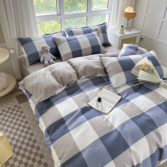 91家纺网 家纺一手货源 找家纺 赫然 130g生态长绒棉贡棉植物羊绒加厚斜纹磨毛四件套 蓝大格