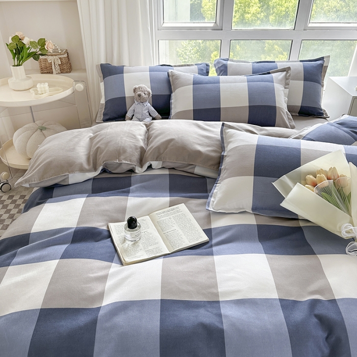 91家纺网 家纺一手货源 找家纺 赫然 130g生态长绒棉贡棉植物羊绒加厚斜纹磨毛四件套 蓝大格