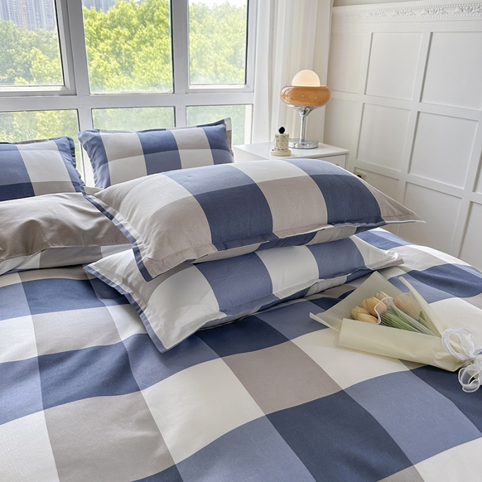 91家纺网 家纺一手货源 找家纺 赫然 130g生态长绒棉贡棉植物羊绒加厚斜纹磨毛四件套 蓝大格