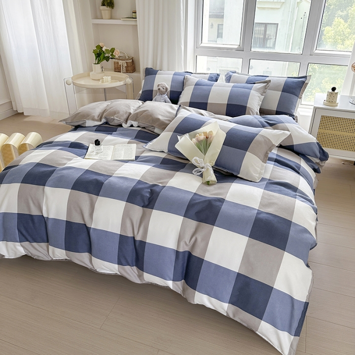 91家纺网 家纺一手货源 找家纺 赫然 130g生态长绒棉贡棉植物羊绒加厚斜纹磨毛四件套 蓝大格