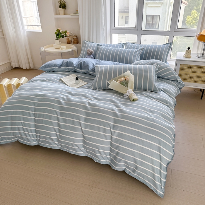 91家纺网 家纺一手货源 找家纺 赫然 130g生态长绒棉贡棉植物羊绒加厚斜纹磨毛四件套 蓝宽条