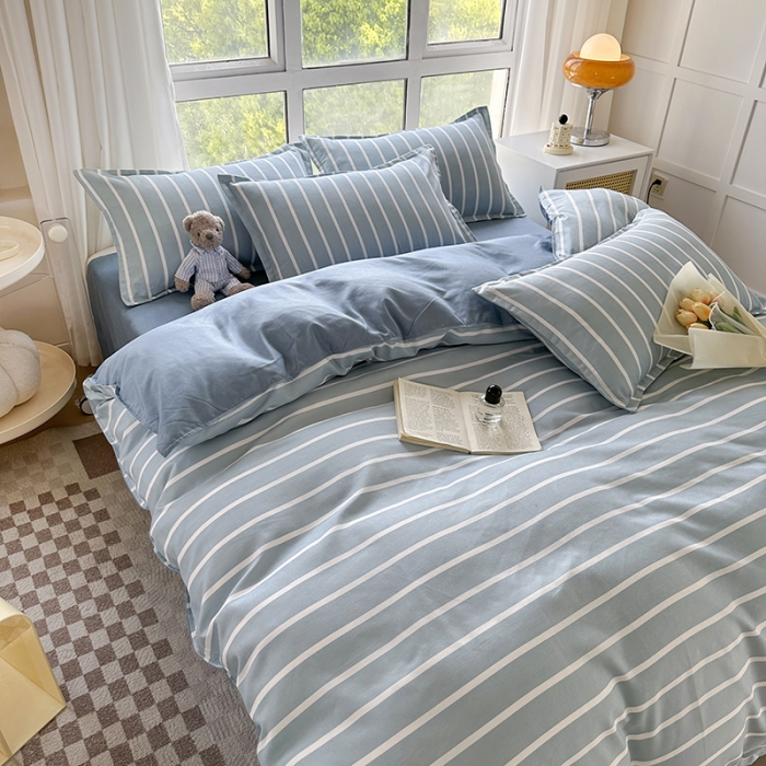 91家纺网 家纺一手货源 找家纺 赫然 130g生态长绒棉贡棉植物羊绒加厚斜纹磨毛四件套 蓝宽条