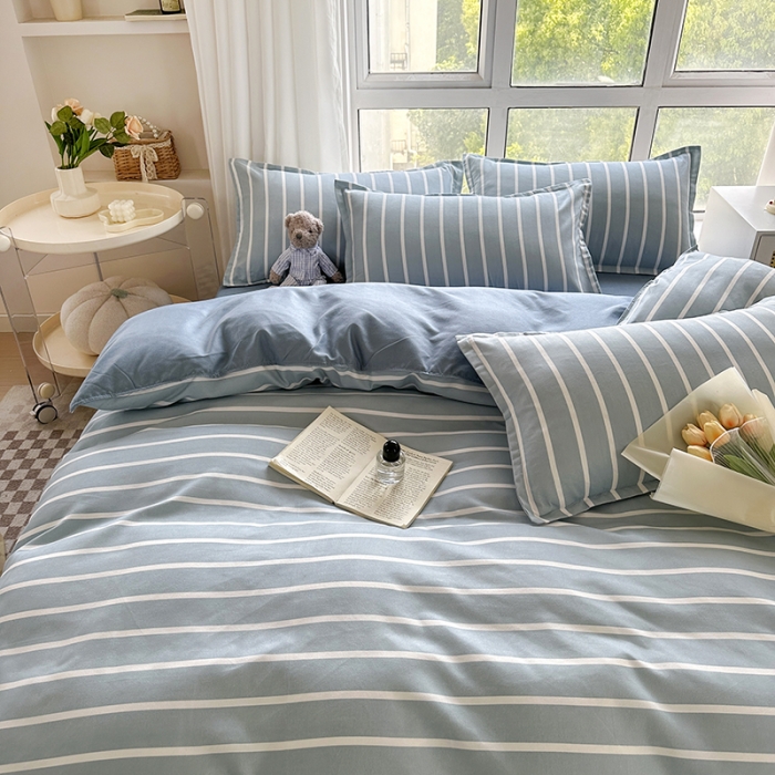 91家纺网 家纺一手货源 找家纺 赫然 130g生态长绒棉贡棉植物羊绒加厚斜纹磨毛四件套 蓝宽条