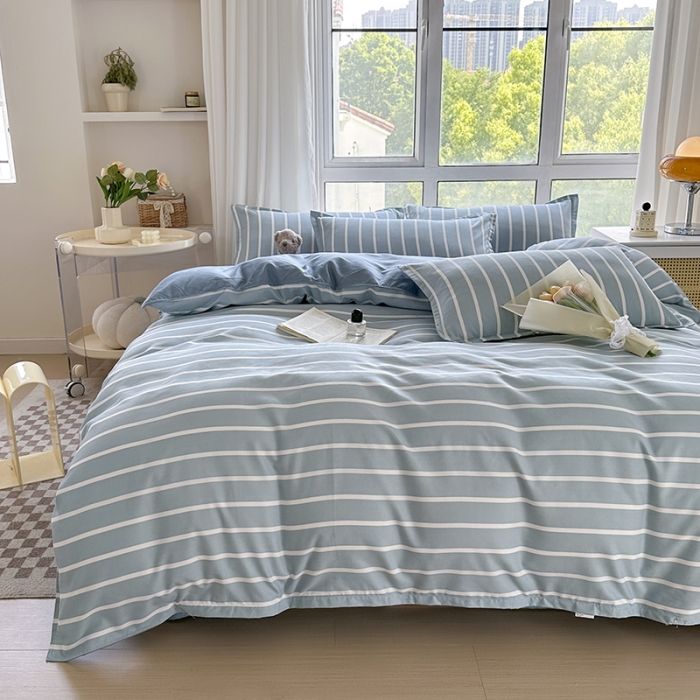 91家纺网 家纺一手货源 找家纺 赫然 130g生态长绒棉贡棉植物羊绒加厚斜纹磨毛四件套 蓝宽条