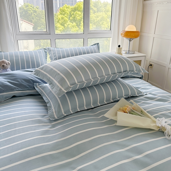 91家纺网 家纺一手货源 找家纺 赫然 130g生态长绒棉贡棉植物羊绒加厚斜纹磨毛四件套 蓝宽条