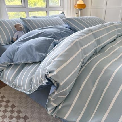 赫然 130g生态长绒棉贡棉植物羊绒加厚斜纹磨毛四件套 蓝宽条