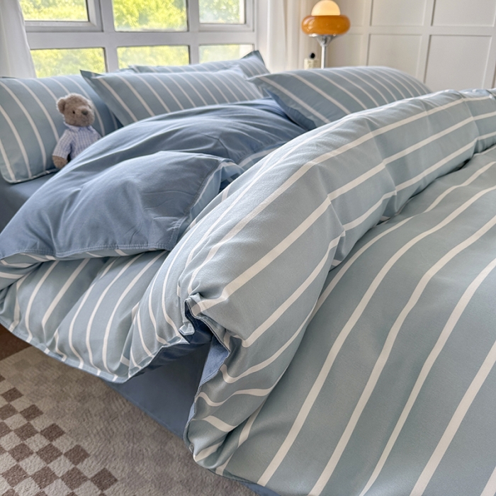 91家纺网 家纺一手货源 找家纺 赫然 130g生态长绒棉贡棉植物羊绒加厚斜纹磨毛四件套 蓝宽条