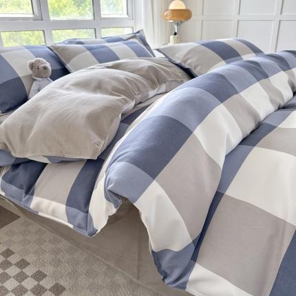 赫然 130g生态长绒棉贡棉植物羊绒加厚斜纹磨毛四件套 蓝大格