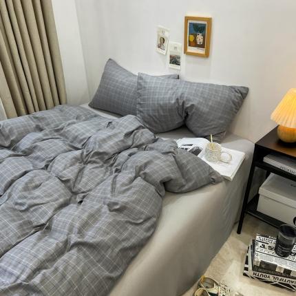 91家纺网 家纺一手货源 找家纺 （总）宏源 2023新款日系简约风格子水洗冰丝双层纱四件套