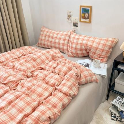 91家纺网 家纺一手货源 找家纺 （总）宏源 2023新款日系简约风格子水洗冰丝双层纱四件套