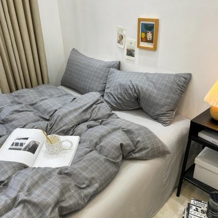 宏源 2023新款日系简约风格子水洗冰丝双层纱四件套 格里灰
