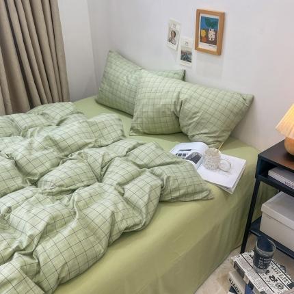 宏源 2023新款日系简约风格子水洗冰丝双层纱四件套 格里绿