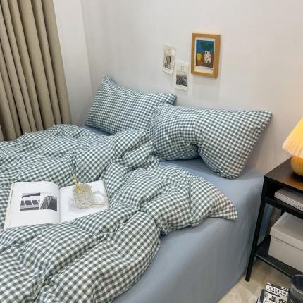 宏源 2023新款日系简约风格子水洗冰丝双层纱四件套 简尚蓝