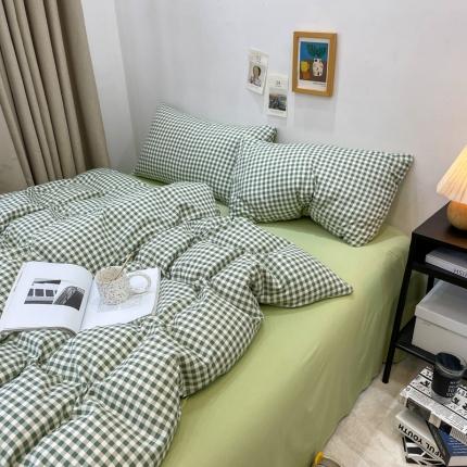 宏源 2023新款日系简约风格子水洗冰丝双层纱四件套 简尚绿