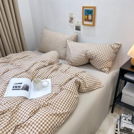 宏源 2023新款日系简约风格子水洗冰丝双层纱四件套 简尚驼