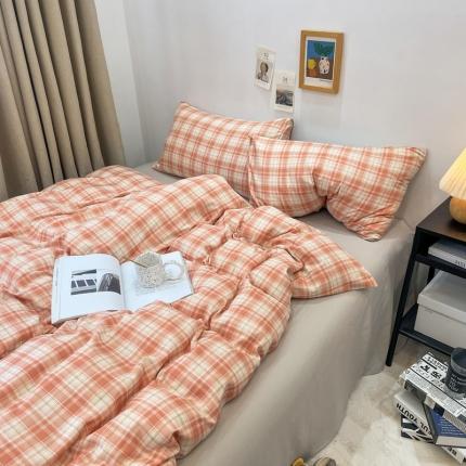 宏源 2023新款日系简约风格子水洗冰丝双层纱四件套 乔南桔