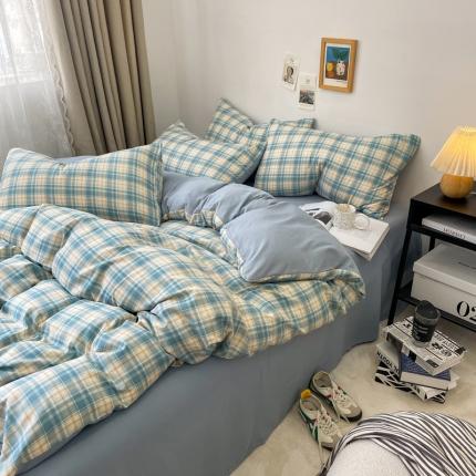 宏源 2023新款日系简约风格子水洗冰丝双层纱四件套 乔南蓝