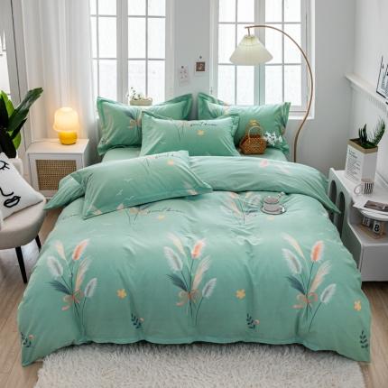 91家纺网 家纺一手货源 找家纺 喜四方 2024新款全棉磨毛全棉印花四件套 情人草绿