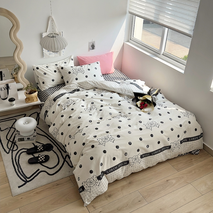 91家纺网 家纺一手货源 找家纺 怡家居 2023新款全棉小清新印花四件套 波点蝴蝶结