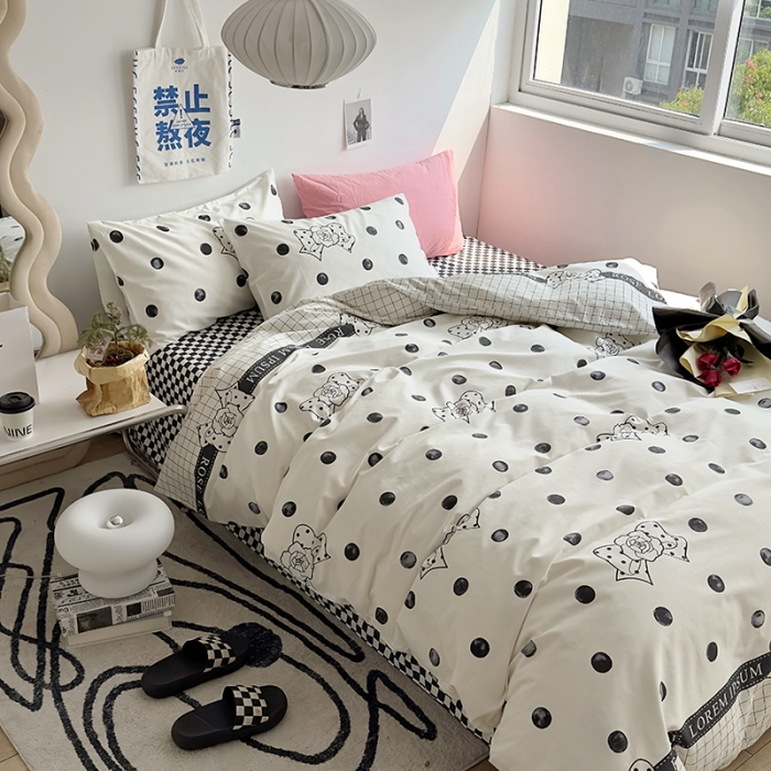 91家纺网 家纺一手货源 找家纺 怡家居 2023新款全棉小清新印花四件套 波点蝴蝶结