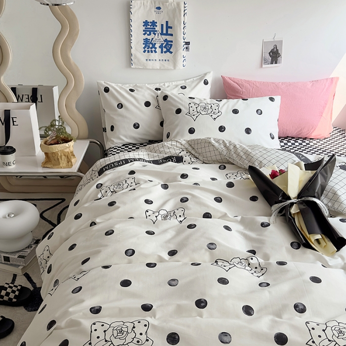 91家纺网 家纺一手货源 找家纺 怡家居 2023新款全棉小清新印花四件套 波点蝴蝶结