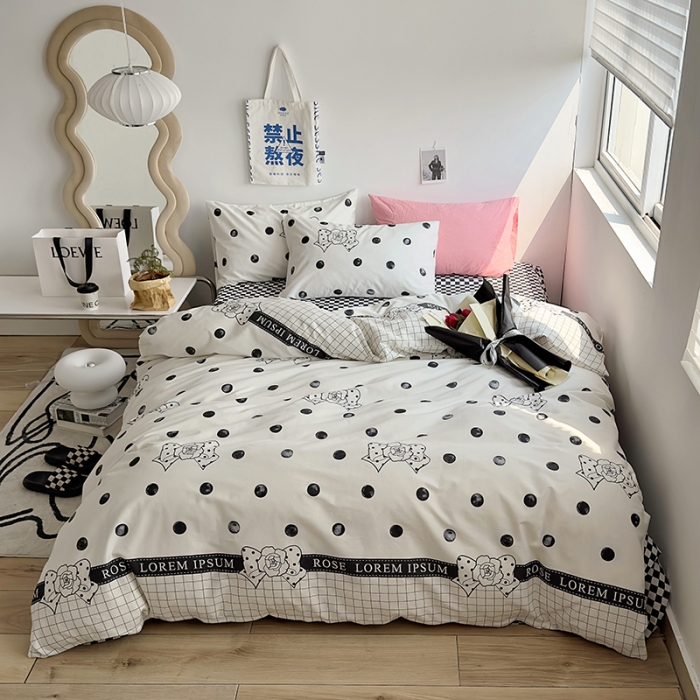 91家纺网 家纺一手货源 找家纺 怡家居 2023新款全棉小清新印花四件套 波点蝴蝶结
