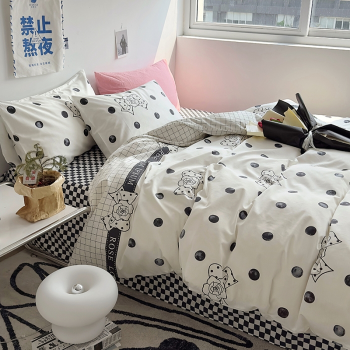 91家纺网 家纺一手货源 找家纺 怡家居 2023新款全棉小清新印花四件套 波点蝴蝶结