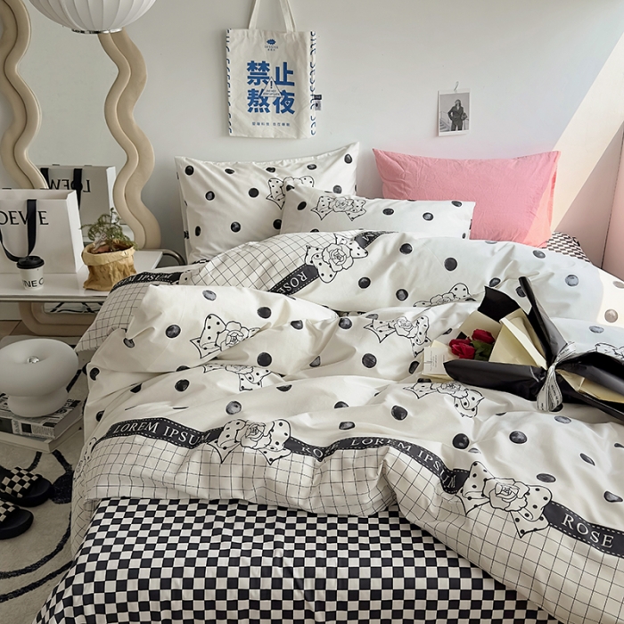 91家纺网 家纺一手货源 找家纺 怡家居 2023新款全棉小清新印花四件套 波点蝴蝶结