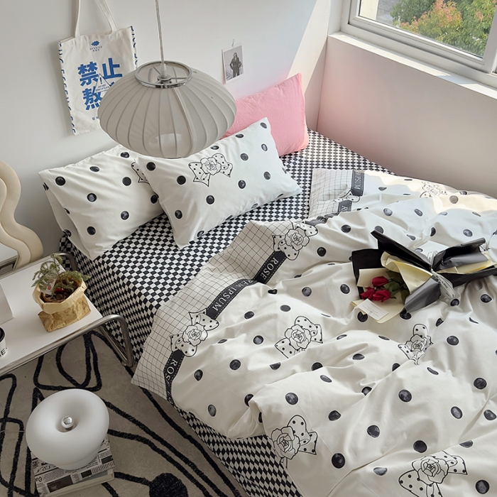 91家纺网 家纺一手货源 找家纺 怡家居 2023新款全棉小清新印花四件套 波点蝴蝶结