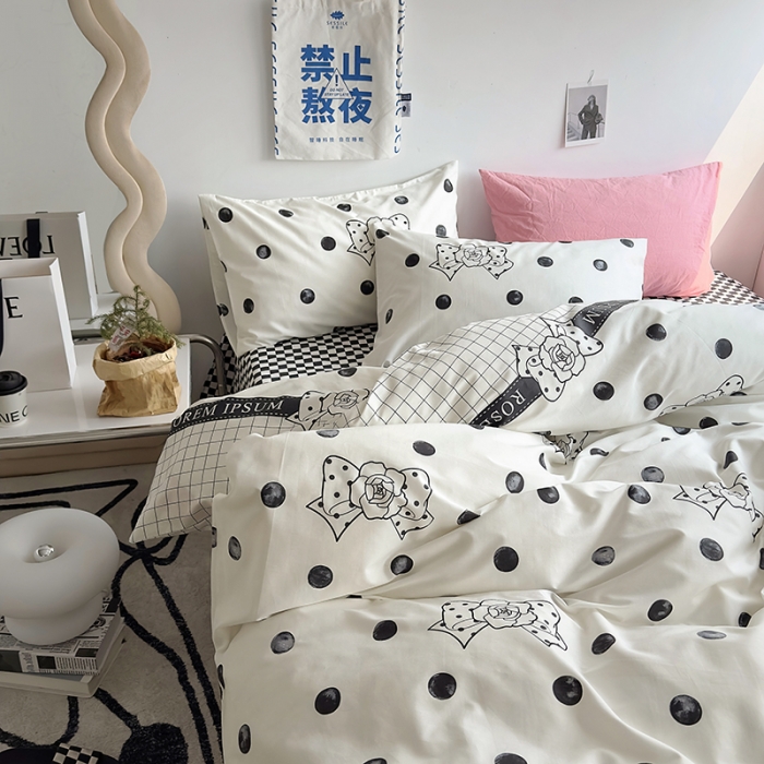 91家纺网 家纺一手货源 找家纺 怡家居 2023新款全棉小清新印花四件套 波点蝴蝶结