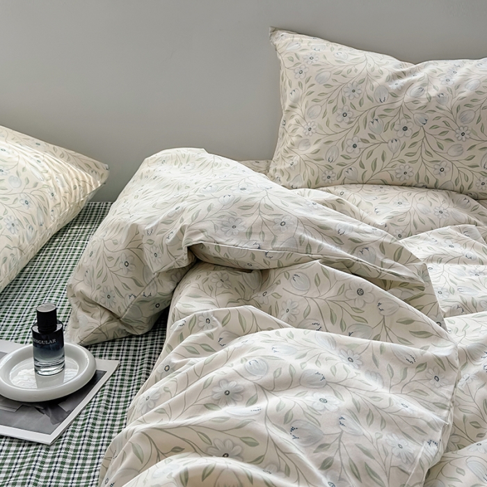 91家纺网 家纺一手货源 找家纺 怡家居 2023新款全棉小清新印花四件套 梦田-绿