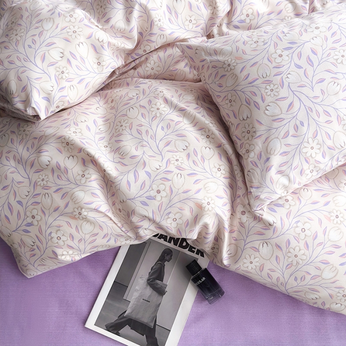 91家纺网 家纺一手货源 找家纺 怡家居 2023新款全棉小清新印花四件套 梦田-紫