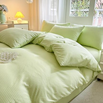 91家纺网 家纺一手货源 找家纺 米粒家纺 2023新款AB版华夫格四件套 清新绿
