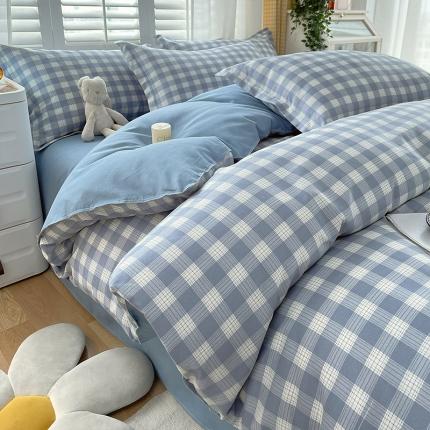 好亿来 2025新款无印风植物羊绒加厚斜纹磨毛四件套 田字格-蓝