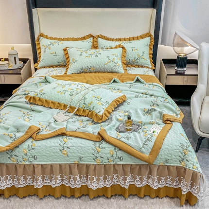 91家纺网 家纺一手货源 找家纺 A类母婴级双层纱水洗棉麻床盖款夏被四件套蕾丝床裙款夹棉床盖三件套空调被