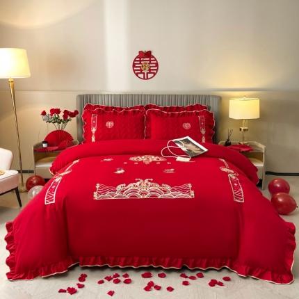 91家纺网 家纺一手货源 找家纺 （总）宜凡家纺 2023新款亲肤磨毛婚庆夹棉床裙四件套