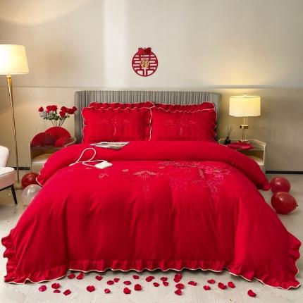 91家纺网 家纺一手货源 找家纺 （总）宜凡家纺 2023新款亲肤磨毛婚庆夹棉床裙四件套