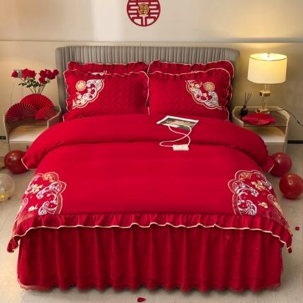 91家纺网 家纺一手货源 找家纺 （总）宜凡家纺 2023新款亲肤磨毛婚庆夹棉床裙四件套