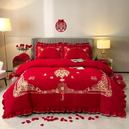 91家纺网 家纺一手货源 找家纺 （总）宜凡家纺 2023新款亲肤磨毛婚庆夹棉床裙四件套